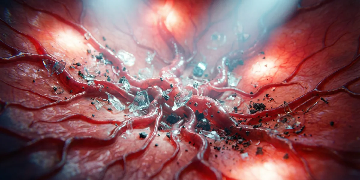 Microscopic view of inflamed retinal blood vessels